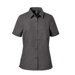 A short-sleeved women's button-up shirt in dark grey with a dotted pattern and a logo.