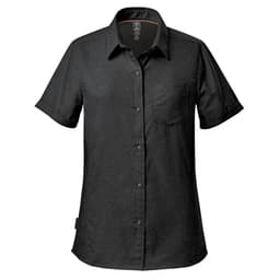 A black short-sleeved button-up shirt with a front pocket and subtle speckled pattern. Features a logo on the label.