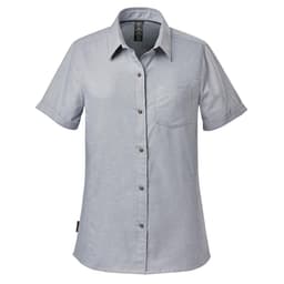 A light grey button-up shirt with short sleeves and a chest pocket, featuring a logo.