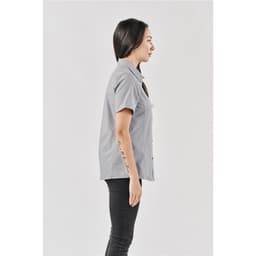 A grey women's button-up shirt with short sleeves, featuring a slim design and a logo.