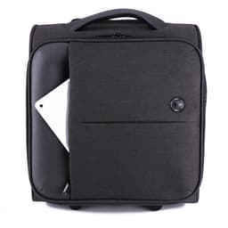 A dark grey wheeled bag with a front pocket, featuring a rounded handle and a logo.