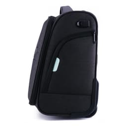 A wheeled underseat luggage bag in dark grey with a zippable compartment and a brand logo.