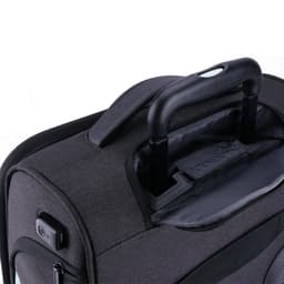 A wheeled underseat luggage bag in grey with a telescopic handle and exterior branding.