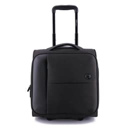 A sleek black underseat luggage bag with a retractable handle and wheels, featuring a front pocket and branding.