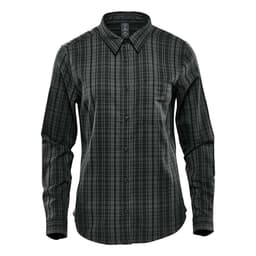 A green and grey plaid long sleeve button-up shirt with a collar and chest pocket. It features a logo.
