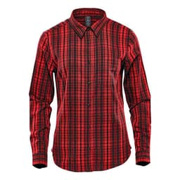 A red and black checkered long sleeve button-up shirt with a branding logo.