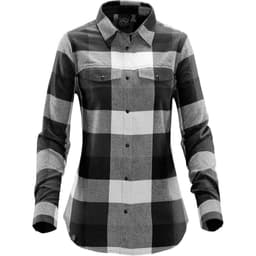 A black and grey checkered button-up shirt with long sleeves and pockets. It features a logo.