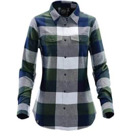 A women's button-up shirt in a blue, green, and grey plaid pattern with a snap front and two chest pockets.