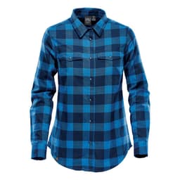 A blue plaid women's button-up shirt featuring a snap front, long sleeves, and two chest pockets.