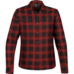 A red and black plaid button-up shirt with snap front and two chest pockets, featuring a brand logo.