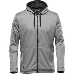 A men's grey Halifax hoody with a zip front and a black interior, featuring a logo on the sleeve.