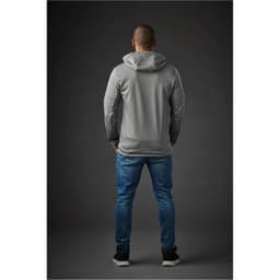 A grey men's hoodie with a hood, displayed from the back, paired with blue jeans, and featuring a logo.