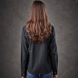 A women's long-sleeve button-up shirt in dark grey, featuring a relaxed fit and a back view with flowing hair.
