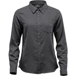 A Women's long-sleeve button-up shirt in grey with a pointed collar, featuring a chest pocket and a logo.
