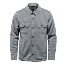 A grey unisex shacket featuring a button-up design, two chest pockets, and a casual style.