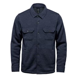 A navy blue unisex fleece shacket featuring a button-up front and two chest pockets, with a logo on the label.