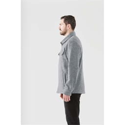 A grey unisex fleece shacket is displayed, featuring a collared neckline and a side view of a model.