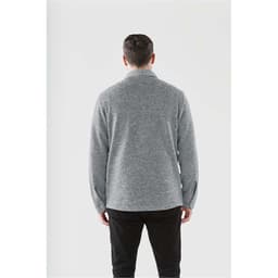 A unisex fleece shacket in grey, featuring a collared design and long sleeves, viewed from the back.