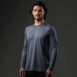 A long-sleeve men's T-shirt in a dark blue hue, featuring a minimalistic design and a branding logo.