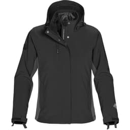 A black women's jacket with a hood, featuring a zippered pocket and adjustable cuffs. It has a logo on the sleeve.