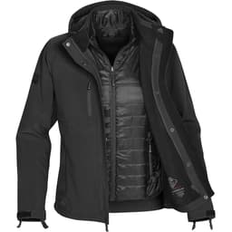 A black women's jacket featuring a 3-in-1 design with a removable inner layer and a logo on the sleeve.