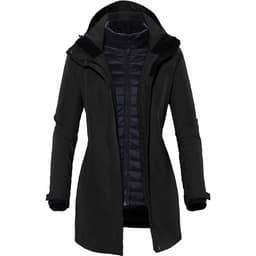 A black women's jacket featuring a hood and a zippered front, with a quilted inner lining and a logo.