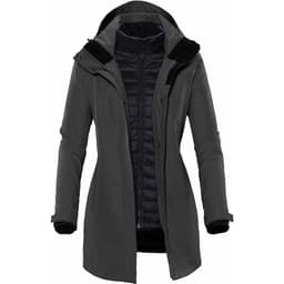 A dark grey women's jacket features a detachable hood and a quilted inner lining, with an attached logo.