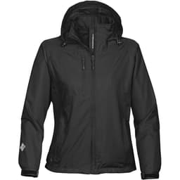A women’s black rain jacket with a hood, featuring zipped pockets and a branded logo on the sleeve.