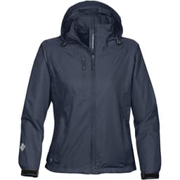 A women's rain jacket in navy blue with a hood, featuring two front zip pockets and a subtle logo on the sleeve.