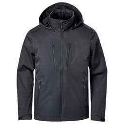 A lightweight black shell jacket with a hood and multiple zippered pockets, featuring a logo on the front.
