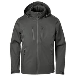 A lightweight rain jacket in dark green with a hood and multiple zippered pockets, featuring a logo.