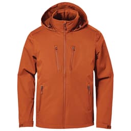 A lightweight orange rain jacket featuring a hood and multiple zippered pockets. It has branding on it.