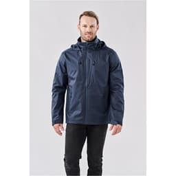 A men's lightweight rain jacket in navy blue with a hood, featuring two front pockets and a logo.