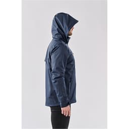 A lightweight navy rain jacket featuring a hood and a logo, shown from the side.