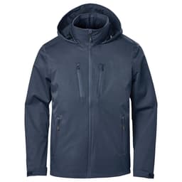 Men's Scirocco Lightweight Shell in dark navy, featuring a hood and multiple zippered pockets. Includes branding.