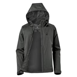 A women's lightweight rain jacket in dark green with a hood, featuring a logo and zippered front pockets.