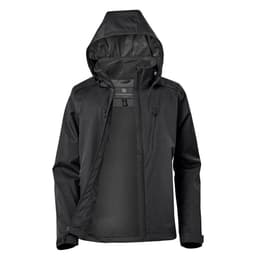 A black women's lightweight rain jacket with a hood and zippered pockets, featuring a logo on the fabric.