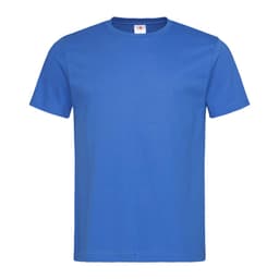 A blue heavyweight crew neck t-shirt featuring a logo tag. The shirt has short sleeves and a classic fit.