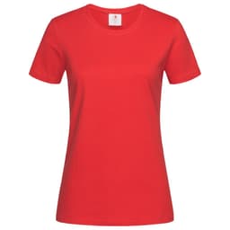 A red women's heavyweight comfort T-shirt with a crew neck and short sleeves, featuring a logo at the neckline.