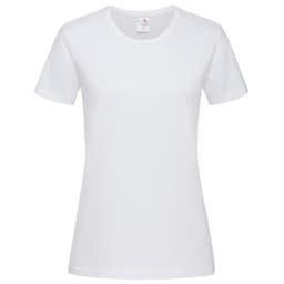 A white women's heavyweight comfort T-shirt with a crew neck and short sleeves. It features a logo on the label.