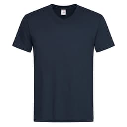 A navy blue men's classic V-neck T-shirt with short sleeves. The shirt features a label and has a simple design.