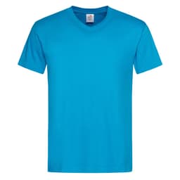 A blue men’s classic V-neck T-shirt with short sleeves and a label inside. It features a logo on the tag.