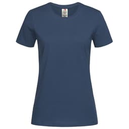 A women's organic crew neck T-shirt in a deep navy colour, featuring short sleeves and a simple design.