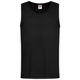 A black men's classic tank top with a round neckline and a logo label on the interior.
