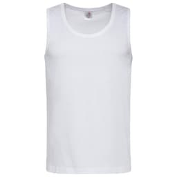 A white classic men's tank top featuring a simple design and a logo at the neckline.