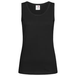 A black women's classic tank top with a sleeveless design and a logo at the neckline.