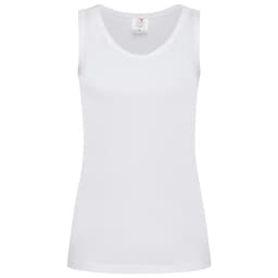 A white women's classic tank top with a scoop neckline and narrow shoulder straps, featuring a logo.