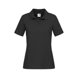 A women's heavyweight polo in black with a collar and short sleeves. It features a logo on the chest area.