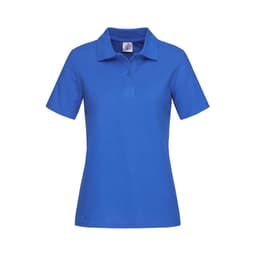 A blue women's heavyweight polo shirt with a classic collar and short sleeves, featuring a logo.