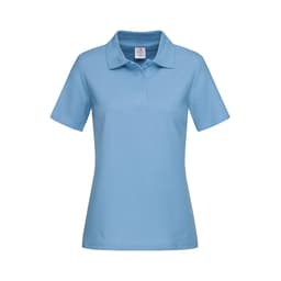 A light blue women's heavyweight polo shirt featuring a classic collar and short sleeves. It includes a logo.